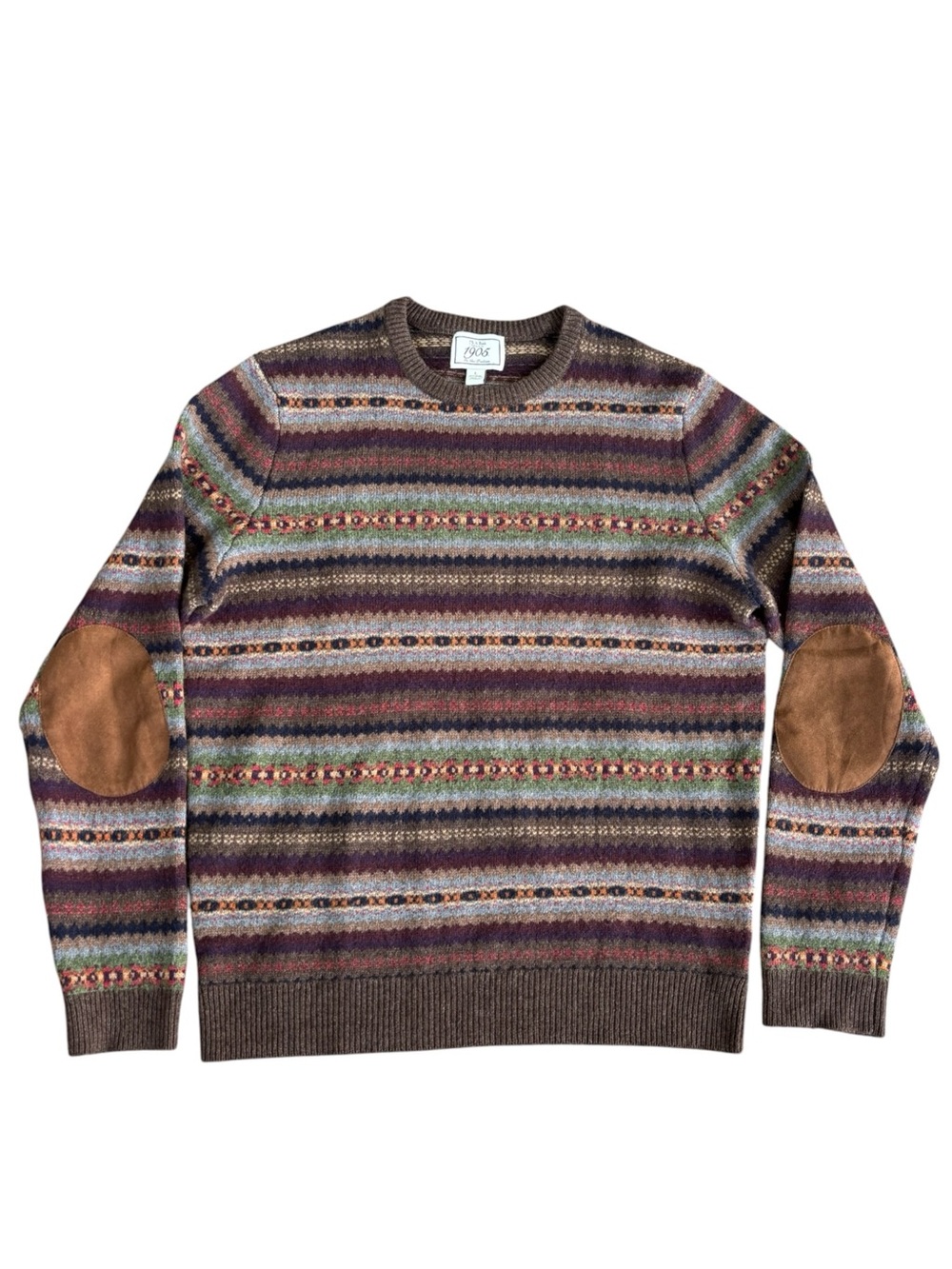 Vtg Jos A Bank Clothiers Sweater Mens L Wool Blend Fair Isle Brown Elbow Patches